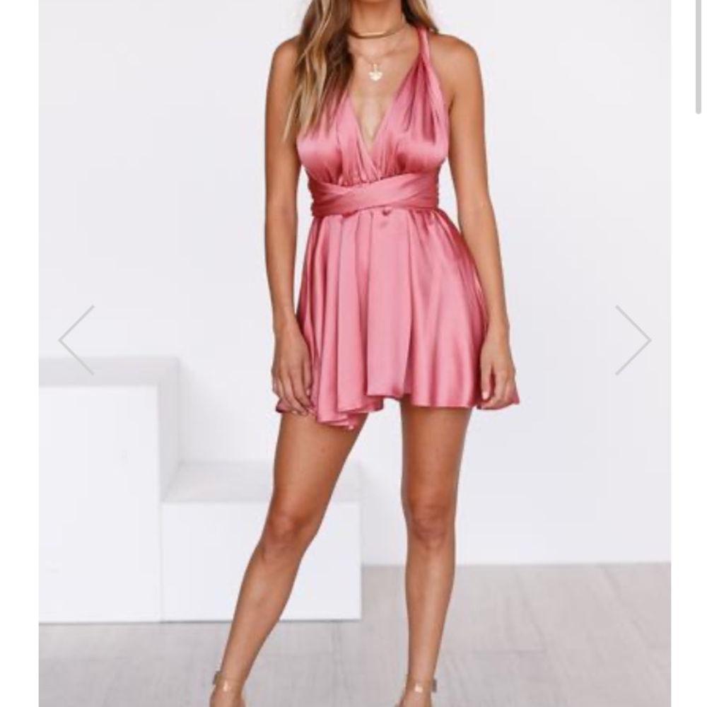 Rose satin tie multiple ways mini dress